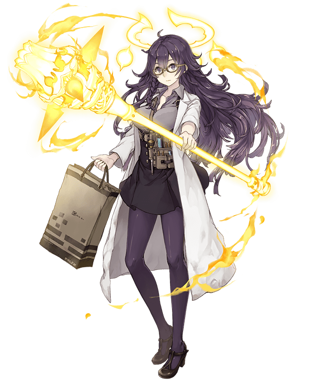 bag braid breasts contemporary contrapposto dorothy_(sinoalice) energy_weapon expressionless full_body glasses ji_no labcoat large_breasts looking_at_viewer messy_hair official_art pantyhose purple_eyes purple_hair sinoalice skirt solo standing test_tube transparent_background