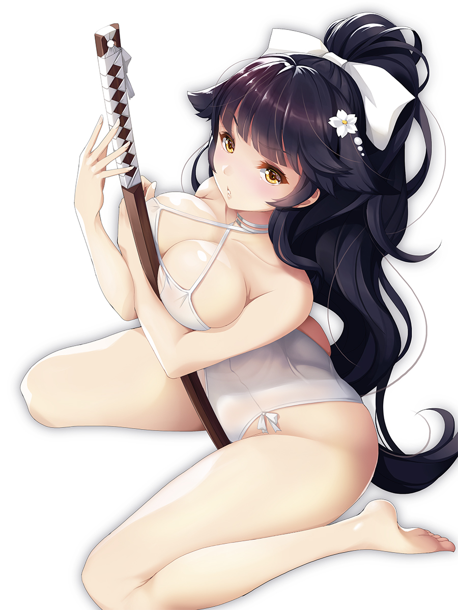 alternate_costume arm_under_breasts ass azur_lane bangs bare_legs bare_shoulders black_hair blush bow breast_hold breast_lift breasts brown_eyes casual_one-piece_swimsuit cleavage collarbone commentary eyebrows_visible_through_hair flower form_above groin hair_bow hair_flower hair_ornament highres holding holding_sword holding_weapon koflif large_breasts long_hair looking_at_viewer one-piece_swimsuit parted_lips ponytail sheath sheathed sidelocks simple_background sitting smile solo swimsuit sword takao_(azur_lane) thighs very_long_hair wariza weapon white_background white_bow wooden_sword