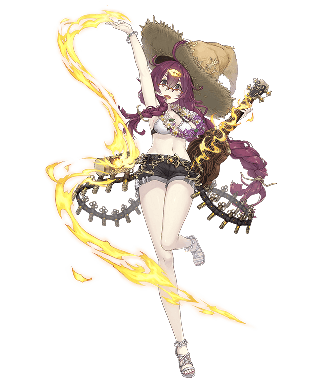 :d arm_up asymmetrical_hair bikini_top braid canister dorothy_(sinoalice) flower flower_necklace full_body glasses hair_ornament hairclip hat instrument jewelry ji_no long_hair messy_hair navel necklace official_art open_mouth purple_eyes purple_hair sandals short_shorts shorts sinoalice smile solo standing standing_on_one_leg straw_hat swimsuit transparent_background ukulele