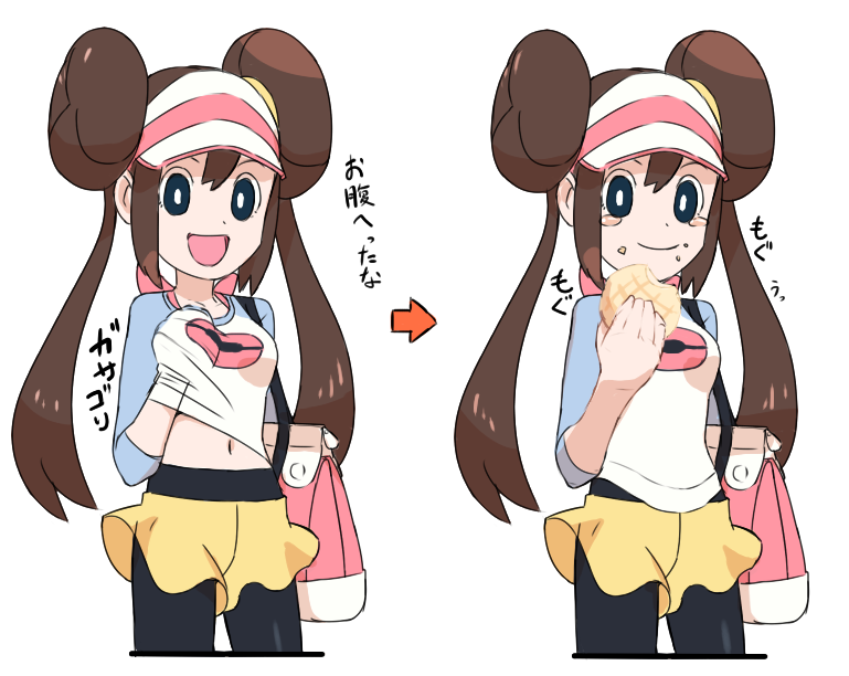 :d bad_id bad_pixiv_id bag bangs black_legwear blue_eyes bread breasts bright_pupils brown_hair closed_mouth cowboy_shot directional_arrow double_bun eating food food_on_face hair_between_eyes handbag legs_apart long_hair long_sleeves medium_breasts mei_(pokemon) melon_bread navel nyonn24 open_mouth pantyhose pantyhose_under_shorts pokemon pokemon_(game) pokemon_bw2 raglan_sleeves shorts simple_background smile solo standing stomach tears translation_request twintails visor_cap white_background white_pupils yellow_shorts