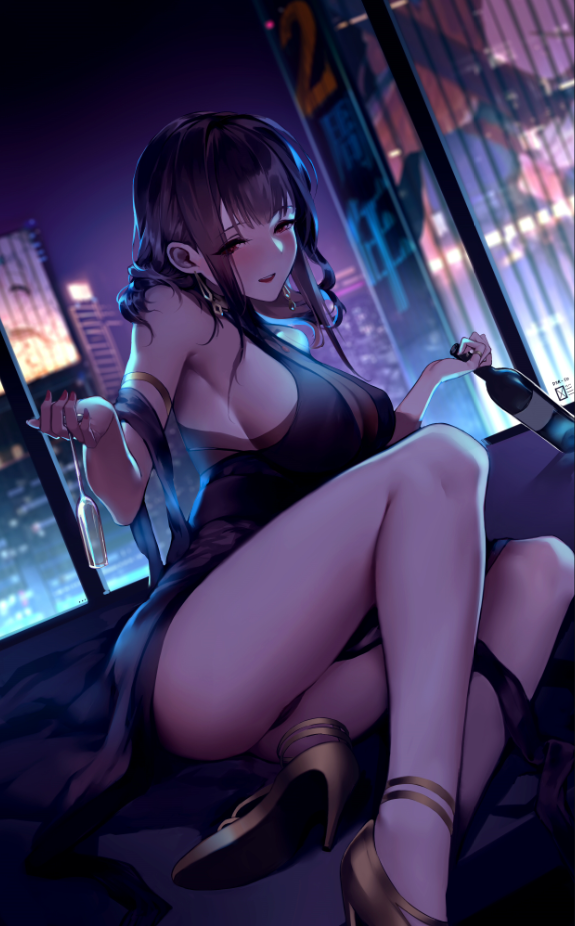 alternate_costume arm_strap armpits ass bangs bare_shoulders black_dress blunt_bangs blush bottle breasts brown_hair champagne_flute city_lights cityscape cleavage commentary_request cup dress drinking_glass dsr-50_(girls_frontline) earrings eyebrows_visible_through_hair eyes_visible_through_hair flower girls_frontline hair_flower hair_ornament hair_over_shoulder high_heels holding holding_bottle holding_cup indoors jewelry large_breasts long_hair looking_at_viewer night parted_lips red_eyes reroi sideboob sidelocks sitting skindentation smile solo thigh_strap thighs