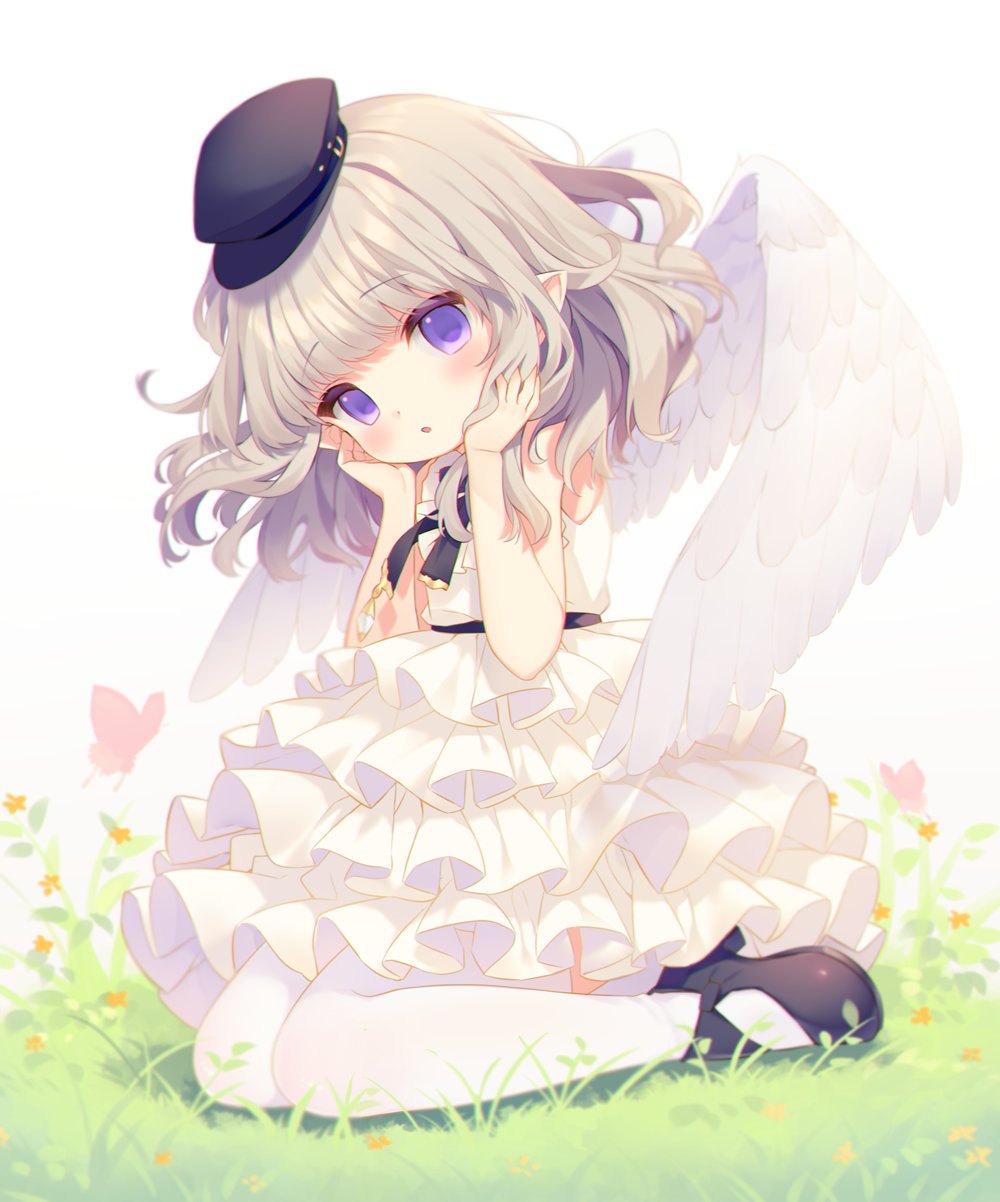 :o animal bangs black_footwear black_hat breasts bug butterfly commentary_request dress eyebrows_visible_through_hair feathered_wings final_fantasy final_fantasy_xiv flower grass hands_on_own_face hat head_tilt highres insect kurokuma_(kuro_kumagaya) lalafell layered_dress light_brown_hair mini_hat on_grass orange_flower parted_lips peaked_cap pointy_ears purple_eyes shoes sitting sleeveless sleeveless_dress solo thighhighs wariza white_background white_dress white_legwear white_wings wings