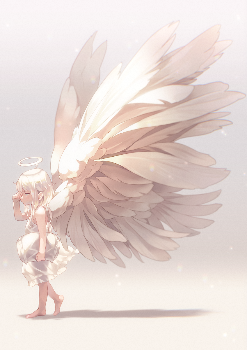 barefoot blue_eyes carrying_under_arm child dress full_body half-closed_eyes halo highres holding large_wings long_hair looking_to_the_side narumi_arata original pillow profile rubbing_eyes see-through_silhouette shadow silver_hair simple_background sleepy solo walking white_dress white_wings wings