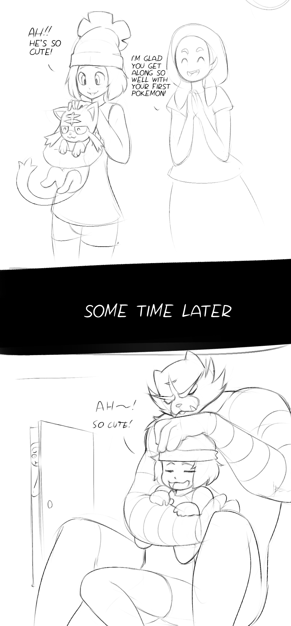 :3 anthro before_and_after being_watched biggcuties black_and_white clothed clothing comic cute daughter dialogue doorway english_text eyes_closed female group hair happy hat hi_res holding_character human humor incineroar larger_female larger_male litten male mammal monochrome moon_(pok&eacute;mon) mother mother_and_daughter nintendo open_mouth parent petting pok&eacute;mon pok&eacute;mon_(species) scratching sequence simple_background size_difference smaller_female smaller_male smile text video_games white_background