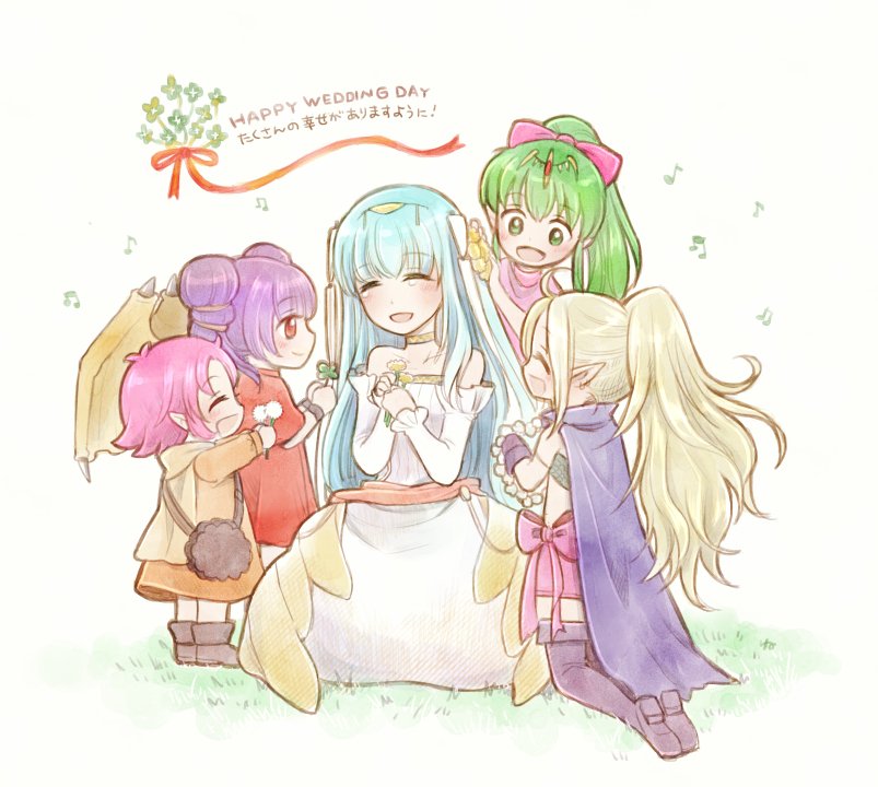 bare_shoulders blue_hair blush bouquet bride cape chiki circlet dragon_girl dragon_wings dress fa facial_mark fire_emblem fire_emblem:_fuuin_no_tsurugi fire_emblem:_kakusei fire_emblem:_monshou_no_nazo fire_emblem:_rekka_no_ken fire_emblem:_seima_no_kouseki fire_emblem_heroes flower forehead_mark gloves green_eyes green_hair hair_ornament hira_(otemoto84) long_hair mamkute multiple_girls myrrh navel ninian nono_(fire_emblem) open_mouth pink_dress pink_hair pointy_ears ponytail purple_hair red_eyes short_dress short_hair simple_background smile thighhighs twintails wedding_dress white_hair wings