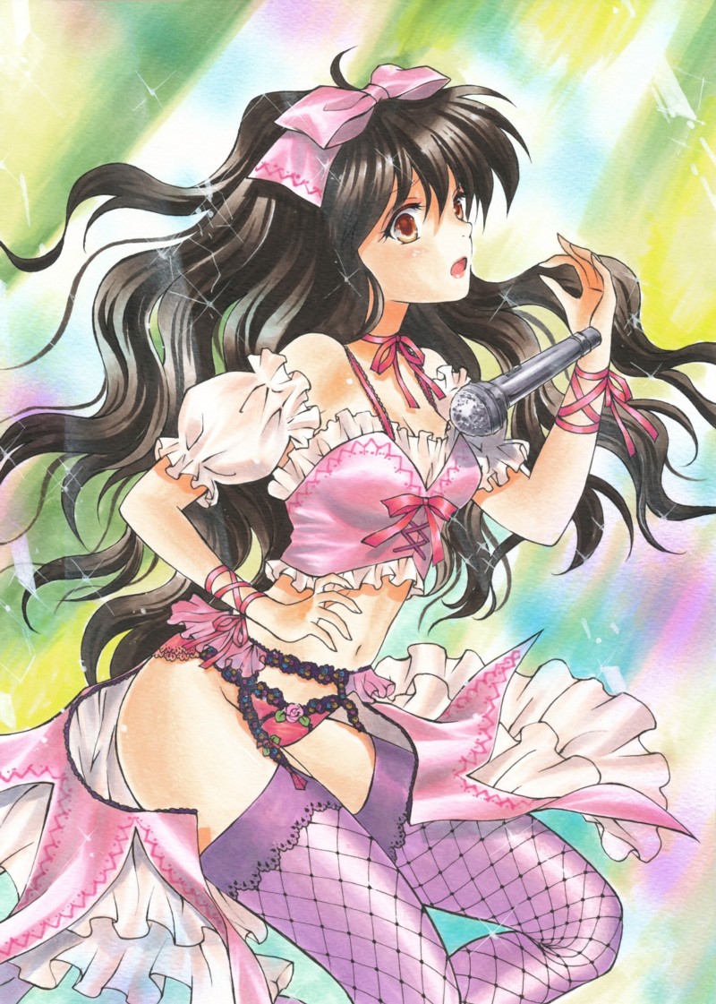 black_hair bow brown_eyes cowboy_shot detached_sleeves frilled_skirt frills groin hair_bow lingerie long_hair marker_(medium) microphone navel open_mouth pink_bow pink_skirt puffy_short_sleeves puffy_sleeves purple_legwear short_sleeves skirt skirt_removed solo standing tegaki_no_yuu thighhighs traditional_media underwear very_long_hair