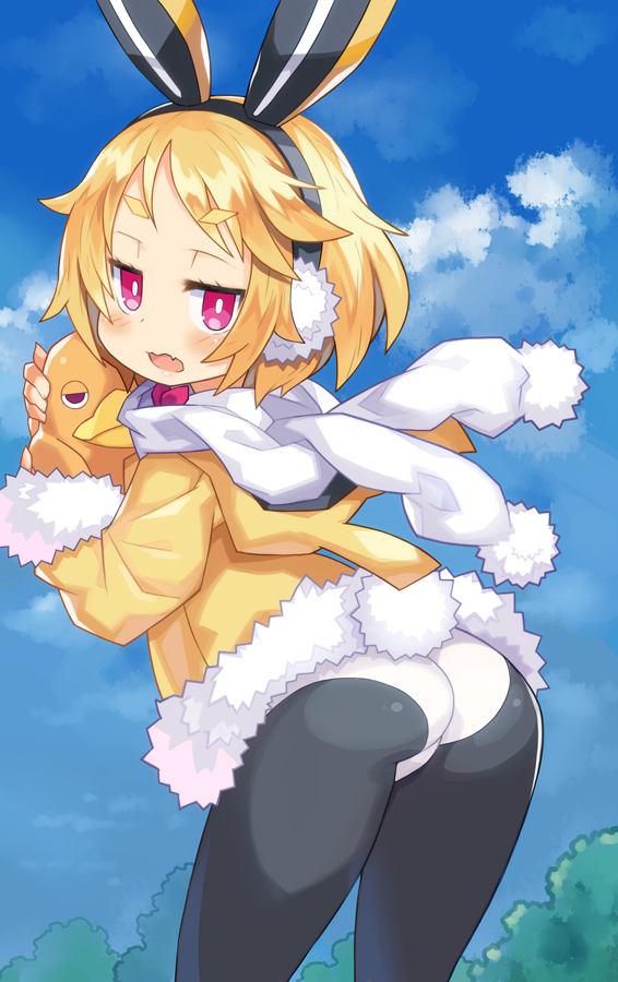 animal_ears ass bangs black_hairband black_legwear blonde_hair blue_sky blush bunny_earmuffs bunny_ears bunny_tail cloud commentary_request day disgaea eyebrows_visible_through_hair fake_animal_ears fang fur-trimmed_jacket fur-trimmed_sleeves fur_trim hairband hood hood_down hooded_jacket jacket leotard long_sleeves looking_at_viewer looking_back makai_senki_disgaea_5 open_mouth outdoors pantyhose pom_pom_(clothes) prinny purple_eyes scarf short_eyebrows short_hair sky solo tail thick_eyebrows tsuderou usalia_(disgaea) white_leotard white_scarf yellow_jacket