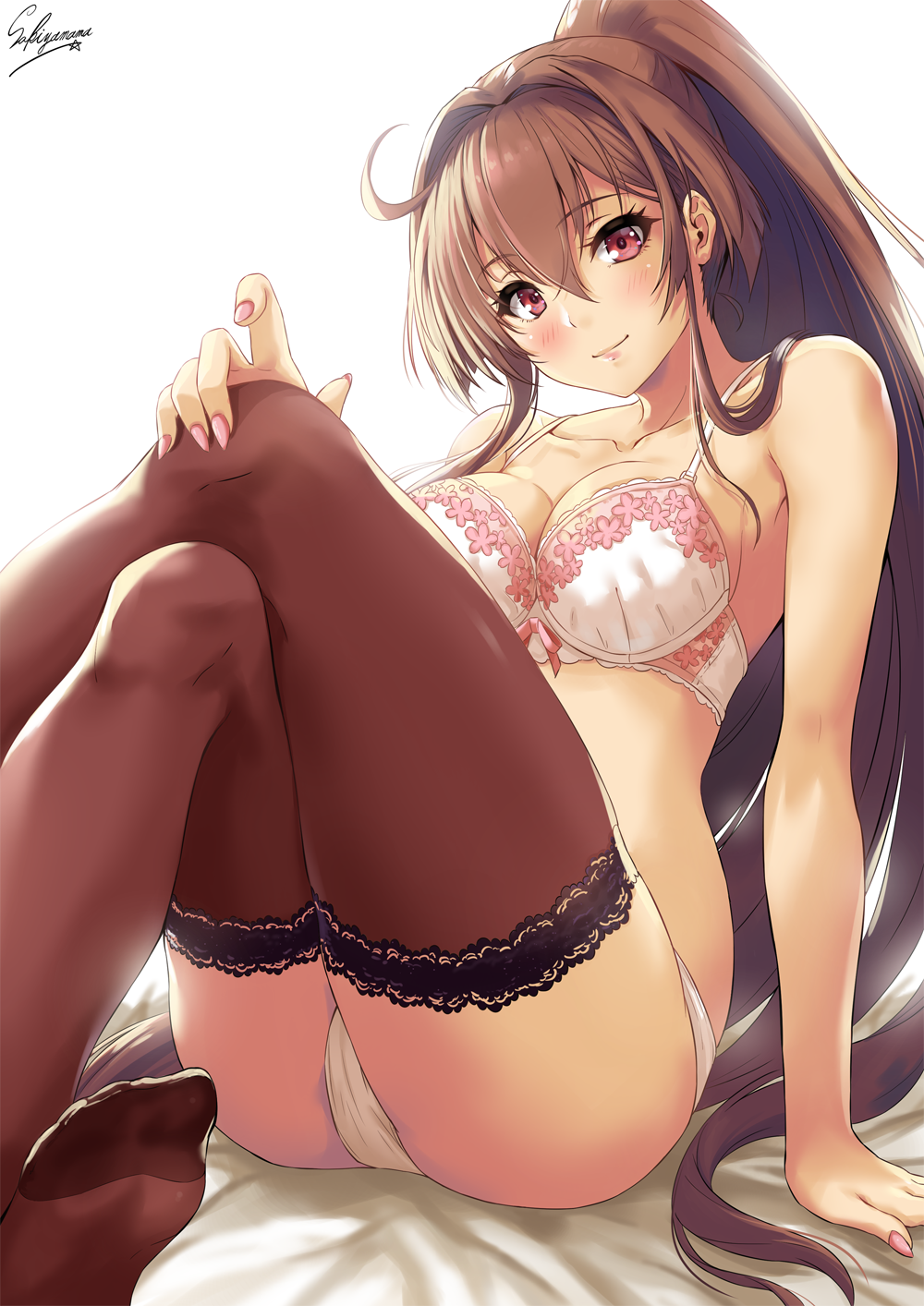 ahoge arm_support ass bed_sheet blush bra breasts brown_hair brown_legwear cleavage closed_mouth collarbone commentary_request crossed_legs feet floral_print hair_between_eyes hand_on_own_knee highres kantai_collection large_breasts lips long_hair looking_at_viewer nail_polish no_shoes on_bed panties pink_bra pink_nails pink_panties ponytail purple_eyes sakiyamama sideboob sidelocks signature simple_background sitting smile solo thighhighs toes underwear underwear_only very_long_hair white_background yamato_(kantai_collection)