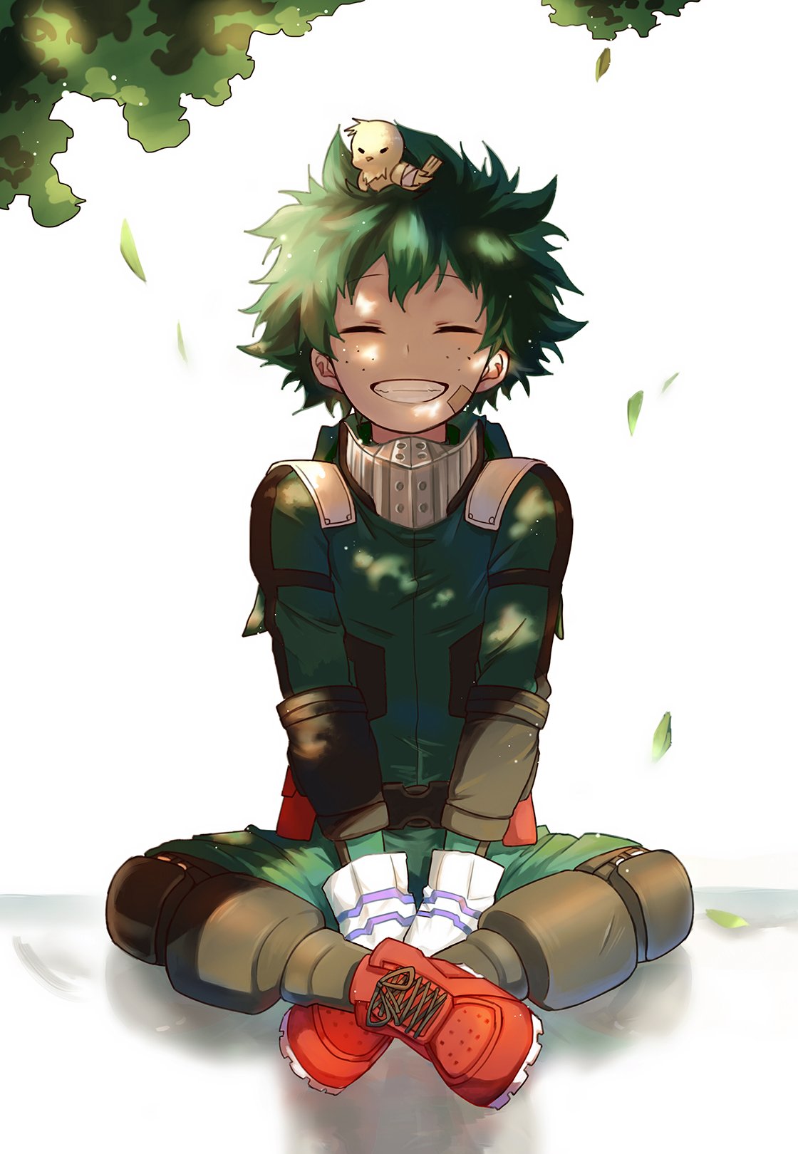 animal animal_on_head animalization bakugou_katsuki bandaid bandaid_on_face bird bird_on_head boku_no_hero_academia boots elbow_pads freckles full_body gloves green_hair green_jumpsuit grin highres indian_style jumpsuit knee_pads leaf liyuchen1126 midoriya_izuku on_head red_footwear sitting smile tree