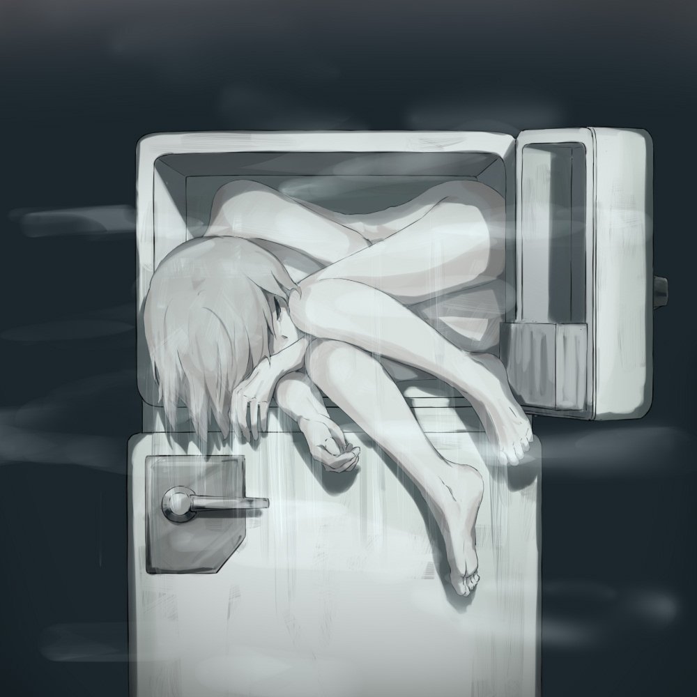 androgynous avogado6 barefoot closed_eyes commentary dark_background feet fetal_position fog in_container in_refrigerator lying muted_color nude on_side original pale_skin refrigerator short_hair sleeping soles solo toes visible_air