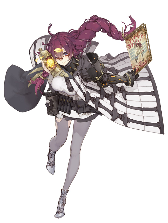 asymmetrical_gloves blue_eyes braid breasts canister dorothy_(sinoalice) full_body glasses gloves hair_ornament hairclip ji_no large_breasts long_hair looking_at_viewer magazine messy_hair official_art one_eye_closed pantyhose purple_hair sinoalice smile solo tool_belt torn_clothes torn_legwear white_background
