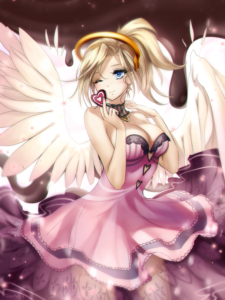 alternate_costume alternate_wings bare_shoulders blonde_hair blue_eyes breasts chocolate choker cleavage closed_mouth commentary cowboy_shot dress english_commentary gigamessy heart high_ponytail holding light_particles looking_at_viewer mechanical_halo medium_breasts medium_hair mercy_(overwatch) overwatch pink_dress ponytail sleeveless smile solo strapless strapless_dress valentine wings