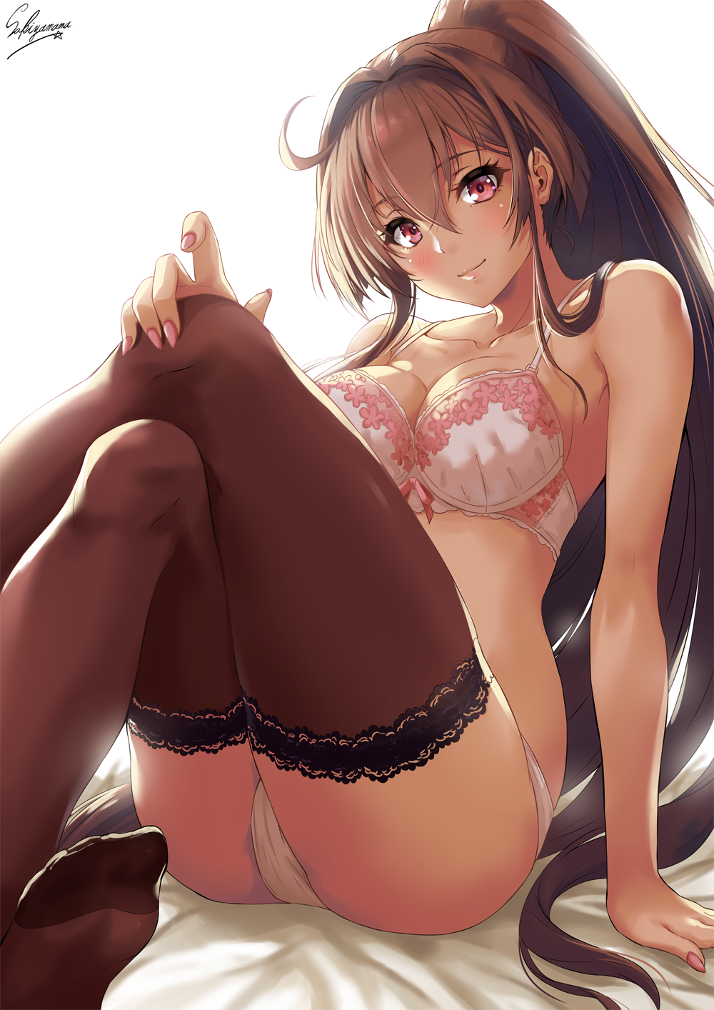 ahoge arm_support ass bed_sheet blush bra breasts brown_hair brown_legwear cleavage closed_mouth collarbone crossed_legs feet floral_print hair_between_eyes hand_on_own_knee highres kantai_collection large_breasts lips long_hair looking_at_viewer nail_polish no_shoes on_bed panties pink_bra pink_nails pink_panties ponytail purple_eyes sakiyamama sideboob sidelocks signature simple_background sitting smile solo tan thighhighs toes underwear underwear_only very_long_hair white_background yamato_(kantai_collection)