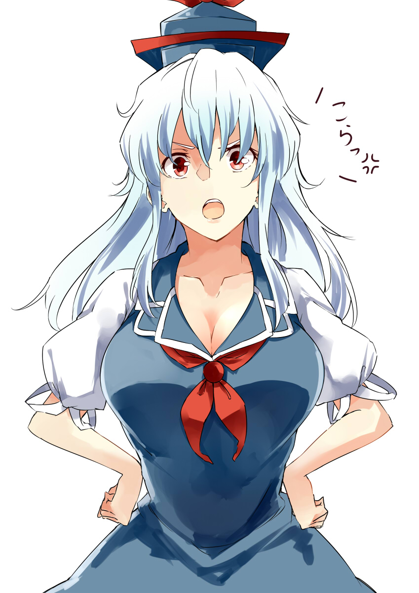 blue_dress blue_hair breasts collared_dress deetamu dress dress_shirt hands_on_hips hat highres kamishirasawa_keine large_breasts long_hair looking_at_viewer multicolored_hair open_mouth puffy_short_sleeves puffy_sleeves red_eyes shirt short_sleeves silver_hair smile solo tokin_hat touhou two-tone_hair very_long_hair