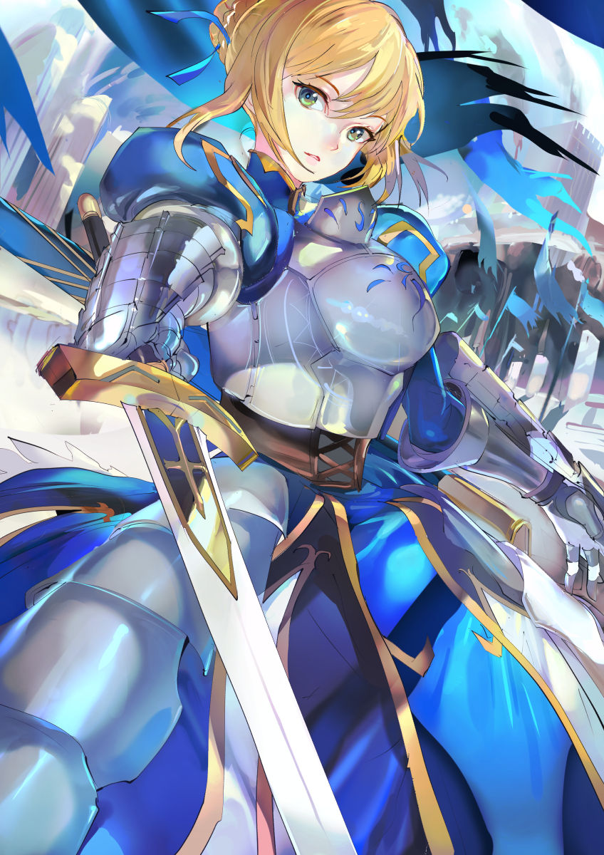1girl armor armored_dress artoria_pendragon_(all) belt blonde_hair blue_dress braid cowboy_shot dress excalibur expressionless fate/stay_night fate_(series) french_braid gloves green_eyes highres holding holding_sword holding_weapon looking_at_viewer md5_mismatch saber short_hair solo sword weapon
