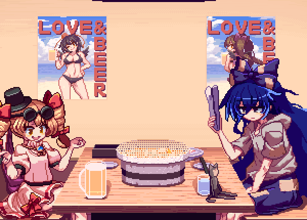 /\/\/\ 2girls alcohol animated animated_gif beer beer_mug blue_bow blue_hair blue_skirt blush bow chopsticks commentary_request cooking cup drill_hair eating english eyewear_on_head food grill hair_bow hat high_collar himekaidou_hatate holding hood hoodie indoors jewelry long_hair meat mg_mg migel_futoshi multiple_girls necklace open_mouth orange_eyes pixel_art poster_(object) pout restaurant round_eyewear shameimaru_aya short_sleeves siblings sisters sitting skirt smile stuffed_animal stuffed_cat stuffed_toy sunglasses table tongs top_hat touhou twin_drills very_long_hair water yakiniku yorigami_jo'on yorigami_shion