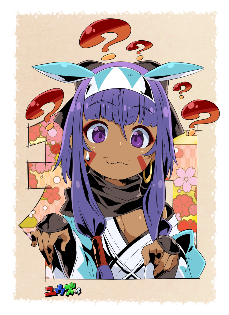 ? alternate_color alternate_costume animal_ears arm_guards bangs bow breasts cleavage closed_mouth commentary_request cosplay dark_skin eyebrows_visible_through_hair facial_mark fate/grand_order fate_(series) fingernails flower green_bow hair_between_eyes hair_bow hairband hands_up haori jackal_ears japanese_clothes kimono koha-ace long_hair long_sleeves medium_breasts nitocris_(fate/grand_order) okita_souji_(fate) okita_souji_(fate)_(all) okita_souji_(fate)_(cosplay) oversized_clothes pink_flower purple_eyes purple_hair red_flower solo sweatdrop translation_request wavy_mouth white_kimono wide_sleeves yuuzii