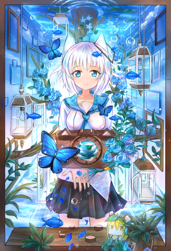 black_skirt blonde_hair blue_eyes blue_neckwear blush breasts brown_eyes bug butterfly chibi closed_mouth eyebrows_visible_through_hair fish frame insect kutsunohito large_breasts light_bulb looking_at_viewer multiple_girls neckerchief original short_hair skirt smile table tree water white_hair