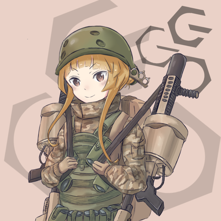 blonde_hair camouflage fukaziroh_(sao) gloves grenade_launcher hair_bun helmet knife knife_in_hair mgl-140 rightony_&amp;_leftania sword_art_online sword_art_online_alternative:_gun_gale_online trench_knife user_pypn2283 vest weapon