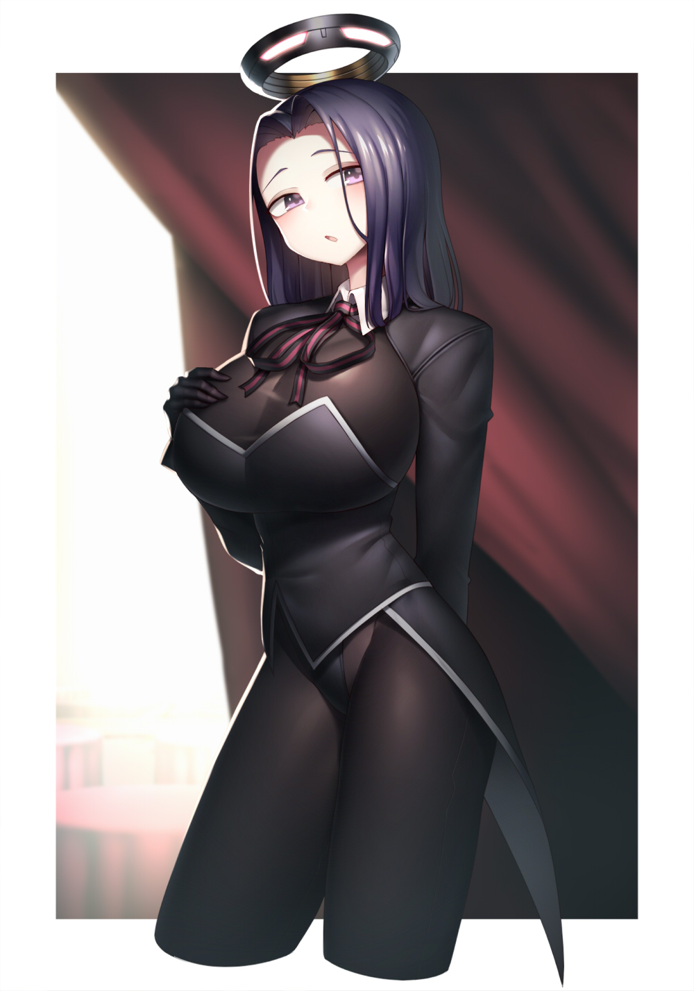 :o black_gloves black_leotard blurry blurry_background breasts brown_legwear commentary_request contrapposto curtains depth_of_field gloves halo hand_on_own_chest hand_up harau highres kantai_collection large_breasts leotard long_sleeves looking_at_viewer mechanical_halo neck_ribbon pantyhose parted_lips purple_eyes purple_hair red_neckwear red_ribbon ribbon solo standing tatsuta_(kantai_collection)