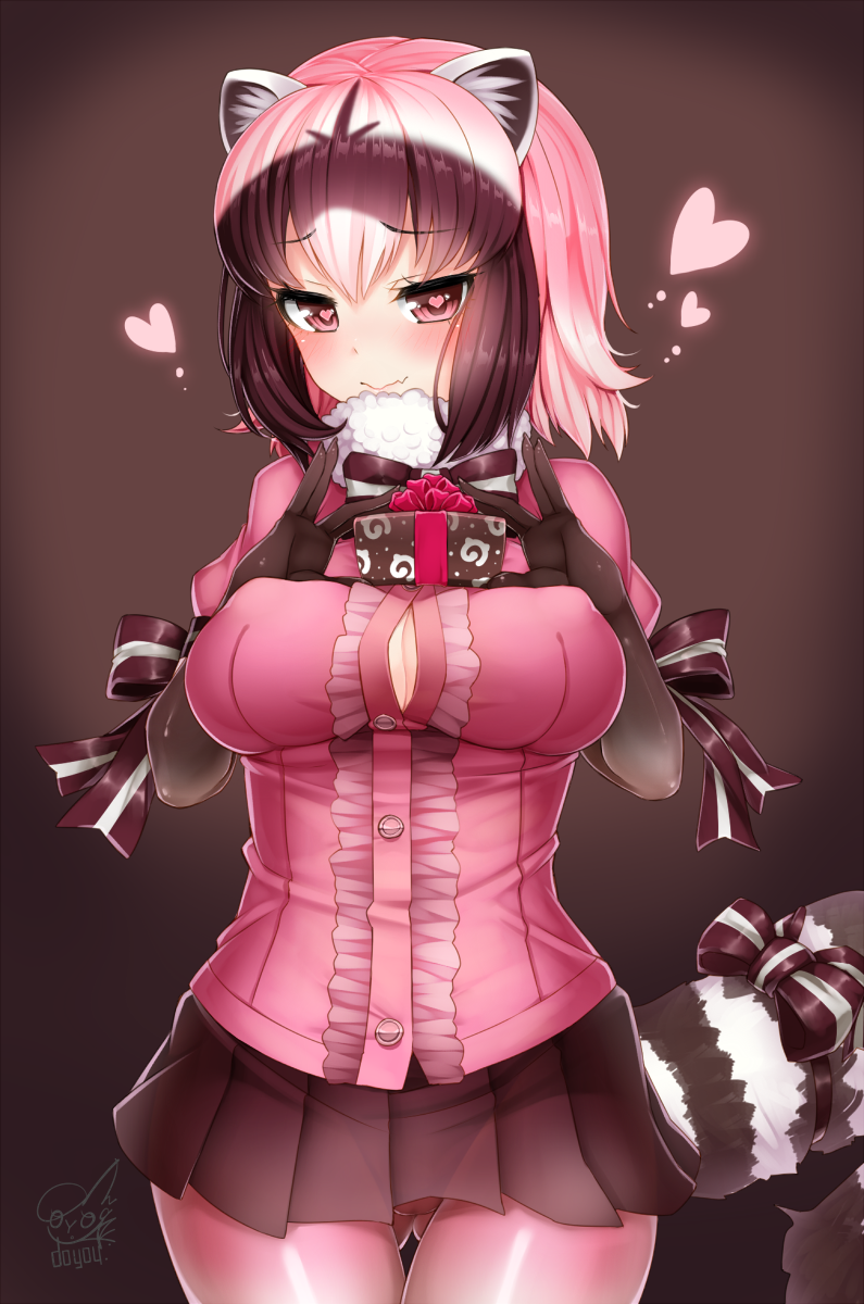 alternate_color alternate_eye_color animal_ears ass_visible_through_thighs bangs black_gloves blush bow bowtie box breasts brown_hair buttons center_frills cleavage commentary_request common_raccoon_(kemono_friends) doyouwantto elbow_gloves eyebrows_visible_through_hair fang fang_out frills fur_collar gift gift_box gloves heart heart-shaped_pupils highres japari_symbol japari_symbol_print kemono_friends large_breasts looking_at_viewer multicolored_hair pantyhose pink_eyes pink_hair pink_legwear pink_shirt pleated_skirt raccoon_ears raccoon_tail ribbon shirt short_hair short_sleeves signature simple_background skirt solo symbol-shaped_pupils tail tail_bow tail_ribbon valentine