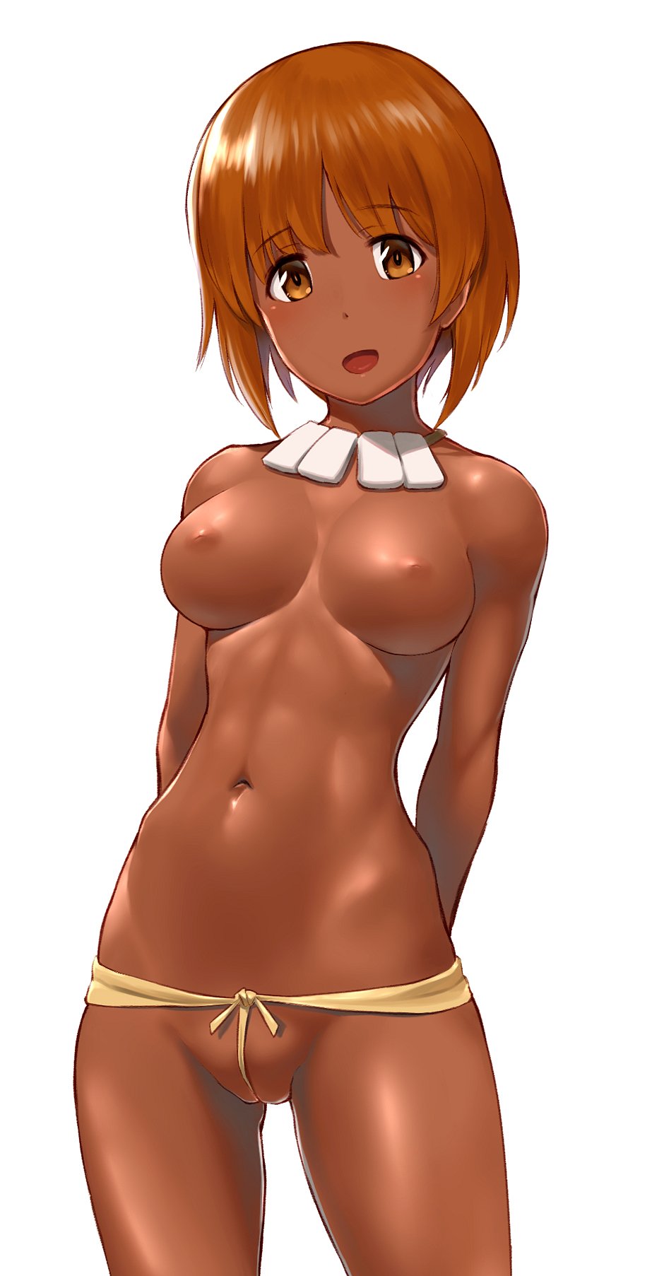 arms_behind_back ass_visible_through_thighs bangs breasts breasts_apart brown_eyes brown_hair collarbone commentary cowboy_shot dark_skin fundoshi girls_und_panzer groin highres inverted_nipples japanese_clothes jewelry looking_at_viewer navel necklace nipples nishizumi_miho open_mouth shiny shiny_skin short_hair solo standing thigh_gap topless tribal underwear wa_(genryusui) white_background