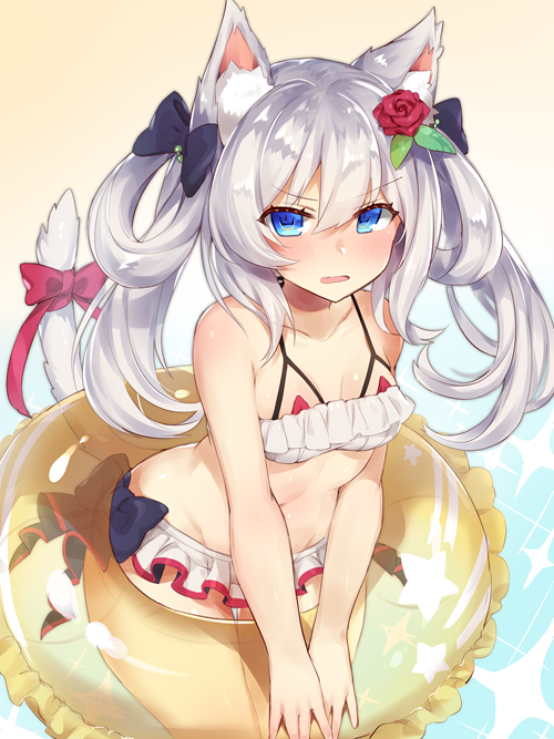 animal_ears azur_lane bangs bare_arms bare_shoulders bikini black_bow blue_eyes blush bow cat_ears embarrassed eyebrows_visible_through_hair flower frilled_bikini frills grey_hair hair_between_eyes hair_bow hair_flower hair_ornament hammann_(azur_lane) innertube leaning_forward long_hair looking_at_viewer parted_lips red_flower red_rose rose solo standing swimsuit tail thigh_gap twintails v-shaped_eyebrows v_arms white_bikini yamaarashi