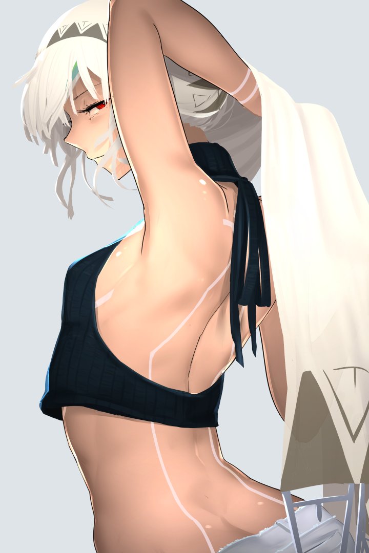 altera_(fate) arched_back arm_behind_head armpits bare_shoulders breasts closed_mouth commentary crop_top dark_skin fate/grand_order fate_(series) from_behind full_body_tattoo halterneck headdress i-pan long_hair looking_to_the_side pants red_eyes sleeveless sleeveless_turtleneck small_breasts solo symbol_commentary tattoo turtleneck white_hair white_pants
