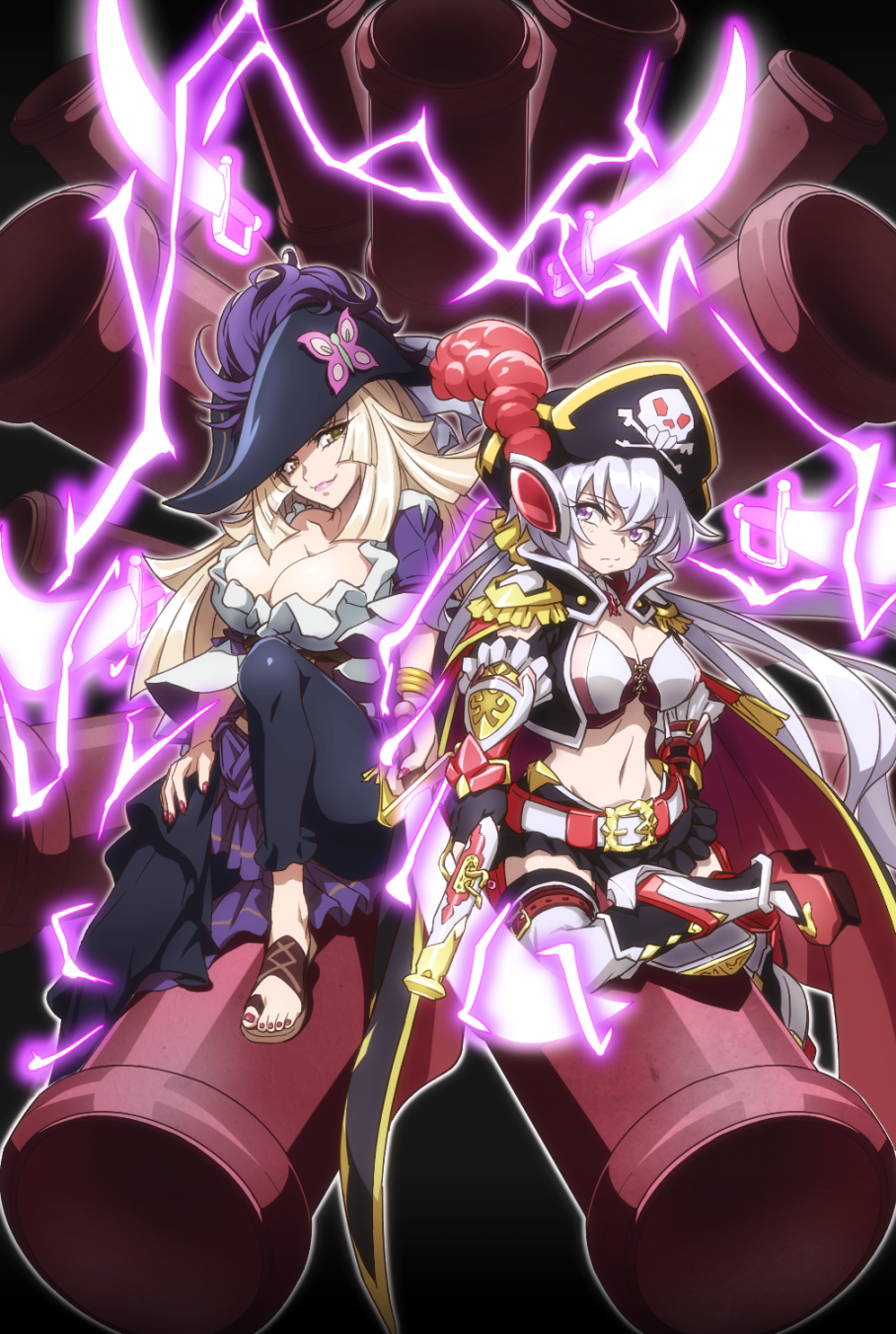 back-to-back blonde_hair boots bracelet breasts cannon cleavage commentary_request epaulettes fine_(symphogear) frills gloves gun hat highres jewelry large_breasts lightning lipstick long_hair low_twintails makeup midriff multiple_girls nail_polish navel pants pirate_costume pirate_hat purple_eyes sandals senki_zesshou_symphogear senki_zesshou_symphogear_xd_unlimited short_sleeves silver_hair sitting skirt skull_and_crossbones smile sword thighhighs twintails uganda weapon white_legwear wide_sleeves yellow_eyes yukine_chris