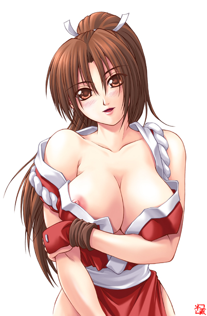 breasts brown_eyes brown_hair cleavage fatal_fury kagehara_hanzou large_breasts long_hair nipple_slip nipples pelvic_curtain shiranui_mai snk solo the_king_of_fighters undressing