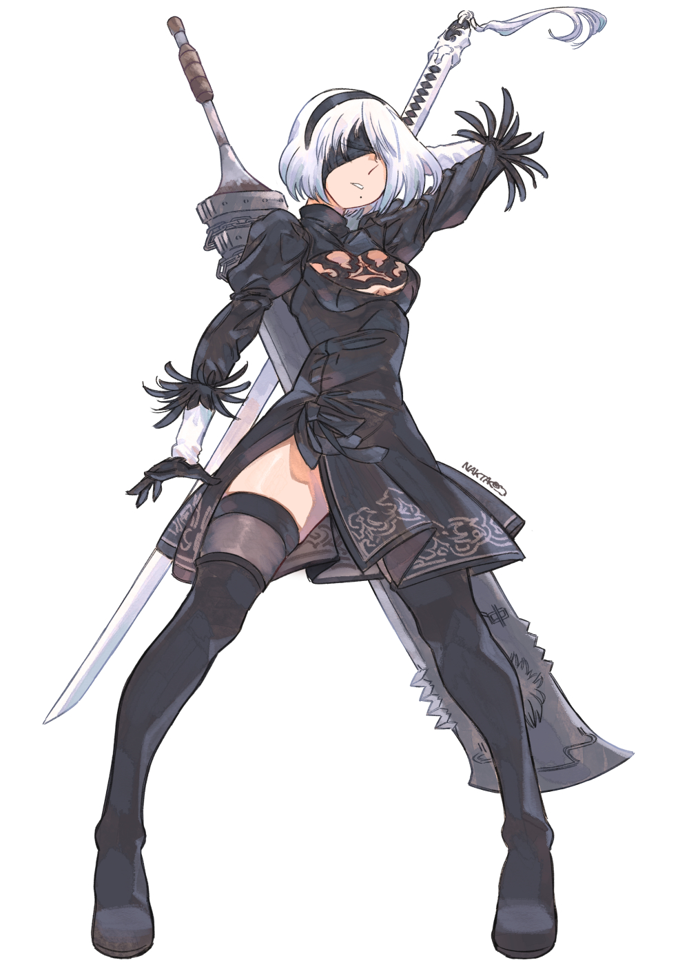 1girl android black_clothes black_gloves black_legwear black_skirt breasts feather-trimmed_sleeves juliet_sleeves katana medium_breasts nier_(series) nier_automata puffy_sleeves short_hair silver_hair sitting solo sword thigh_boots thighhighs thighhighs_under_boots weapon weapons yorha_no._2_type_b