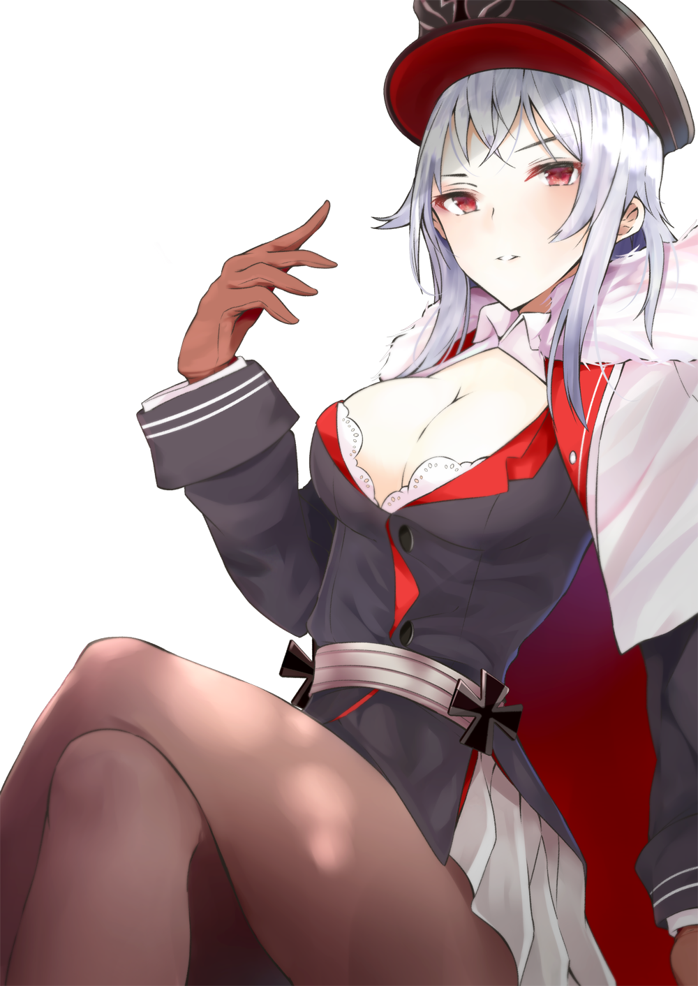 arm_at_side arm_up azur_lane black_legwear breasts brown_gloves cleavage commentary fur_trim gloves graf_zeppelin_(azur_lane) hair_between_eyes hat highres iron_cross large_breasts long_hair looking_at_viewer military military_uniform pantyhose peaked_cap red_eyes silver_hair sitting solo uniform white_background youkan_(mattya_youkan)