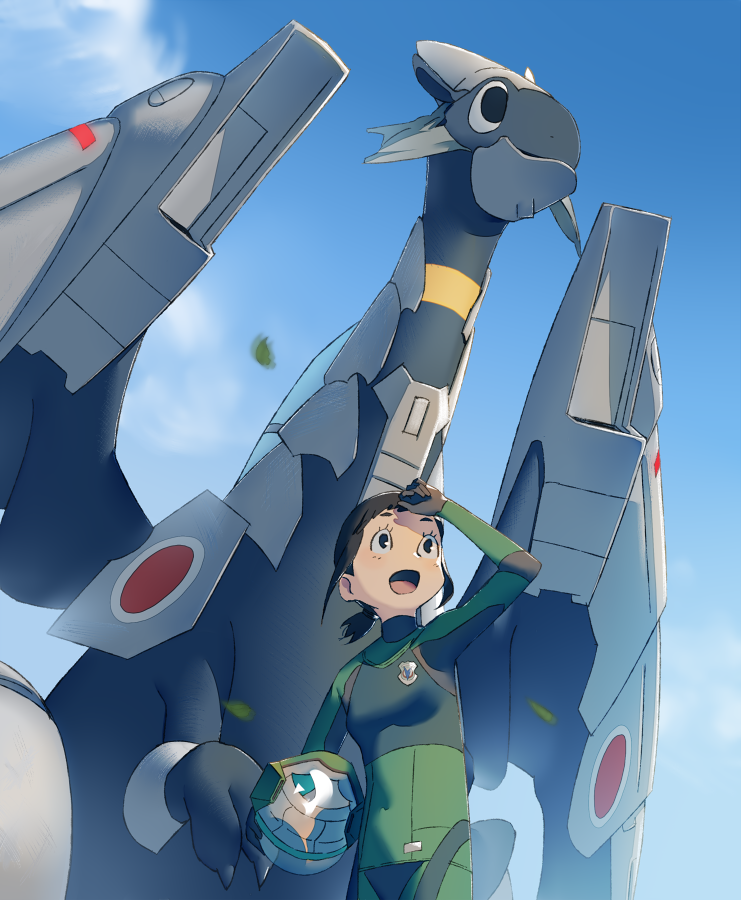 amakasu_hisone black_eyes black_hair blue_sky bodysuit covered_navel day dragon headwear_removed helmet helmet_removed hisone_to_masotan masotan mi8pq open_mouth otf_f-15j_gear otf_gear pilot_suit shading_eyes short_hair sky standing