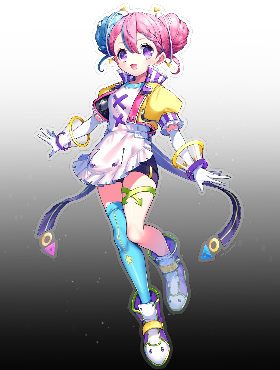 :d apron artist_name blue_hair blue_legwear boots double_bun elbow_gloves frilled_skirt frills full_body gloves gradient gradient_background highres jacket looking_at_viewer mizumori_(xcllcx) multicolored multicolored_clothes multicolored_hair open_mouth original pink_hair puffy_sleeves purple_eyes short_sleeves single_thighhigh skirt smile solo strap thighhighs thighlet two-tone_hair virtual_youtuber white_gloves