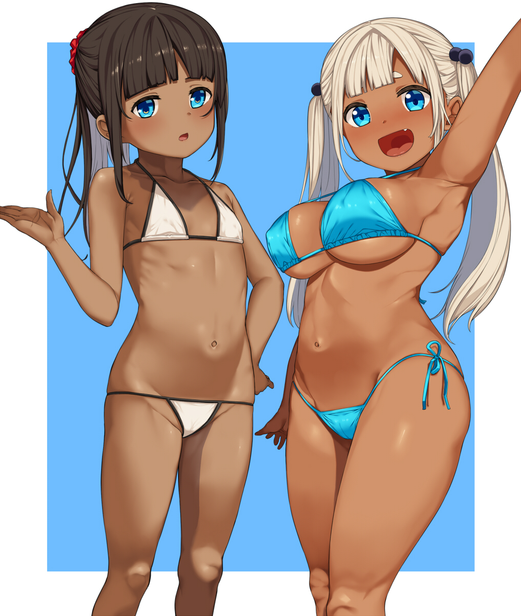 :d arm_at_side arm_up armpits bangs bikini black_hair blue_bikini blue_eyes blunt_bangs breasts commentary_request dark_skin fang flat_chest hai_ookami hair_bobbles hair_ornament hand_on_hip hand_up highres large_breasts light_brown_hair long_hair looking_at_viewer multiple_girls navel open_mouth original outside_border ponytail side-tie_bikini simple_background smile strap_gap string_bikini swimsuit twintails white_bikini