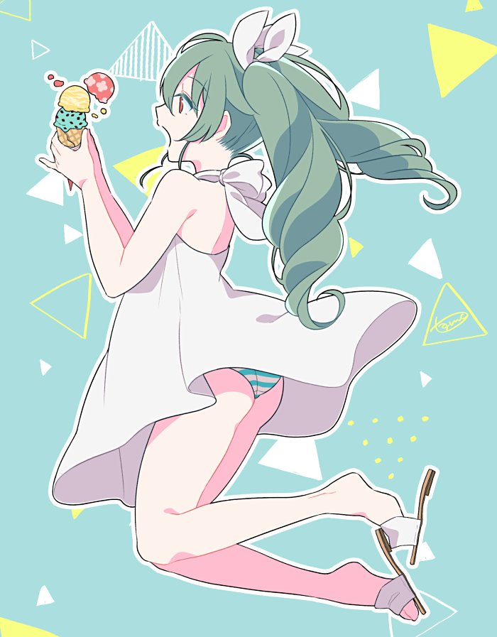 anchovy artist_name ass casual commentary dress drill_hair eyebrows_visible_through_hair food from_side girls_und_panzer green_background green_hair green_panties hair_ribbon holding holding_food ice_cream_cone jumping long_hair open_mouth panties red_eyes ribbon sandals short_dress signature solo sundress tam_a_mat triangle twin_drills twintails underwear white_dress white_footwear white_ribbon