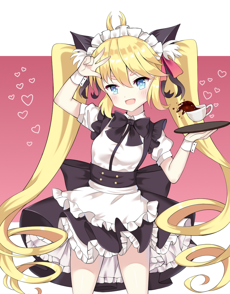 :d andrea_doria_(zhan_jian_shao_nyu) animal_ears apron arm_up bangs black_bow black_skirt blonde_hair blue_eyes blush bow breasts cat_ears collared_shirt commentary_request cup frilled_apron frills hair_between_eyes head_tilt heart holding holding_tray jiucheng_nainai long_hair maid maid_headdress open_mouth puffy_short_sleeves puffy_sleeves ringlets shirt short_sleeves sidelocks skirt small_breasts smile solo teacup thick_eyebrows tray twintails v v-shaped_eyebrows very_long_hair waist_apron white_apron white_shirt wrist_cuffs zhan_jian_shao_nyu