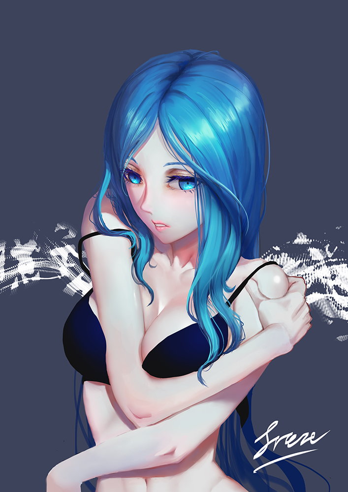 arm_between_breasts artist_name black_bra blue_eyes blue_hair bra breasts collarbone freze hand_on_own_shoulder large_breasts long_hair navel original parted_lips pink_lips solo strap_slip underwear upper_body very_long_hair