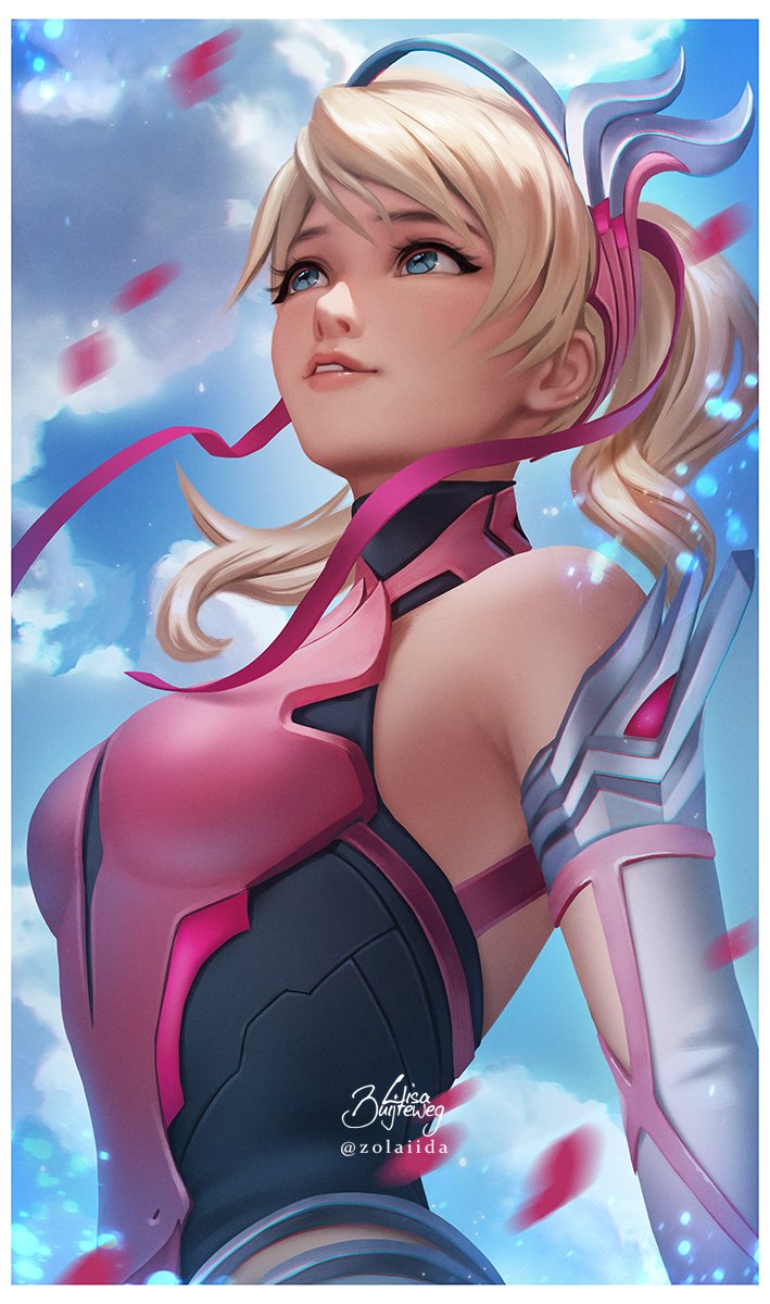 alternate_costume armor armpits bare_shoulders blonde_hair blue_eyes bodysuit boobplate breastplate breasts chest_armor cloud commentary day detached_sleeves from_below hair_ornament hair_tie high_ponytail highres lips lisa_buijteweg looking_up medium_breasts mercy_(overwatch) outdoors overwatch pink_lips pink_mercy pink_ribbon ribbon sky sleeveless undershirt