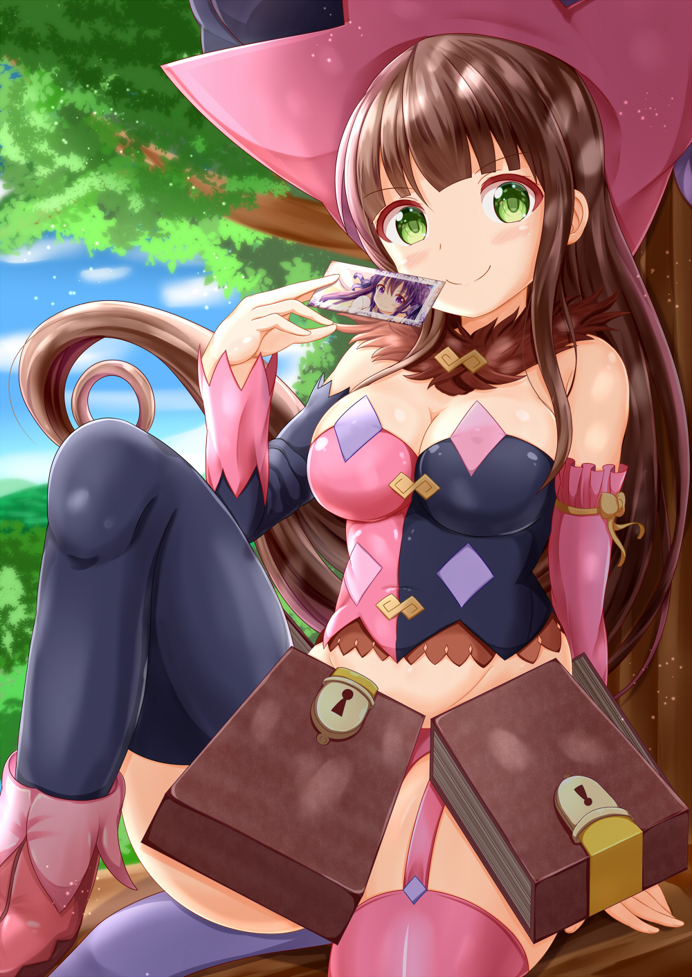 bangs bare_shoulders black_legwear black_sleeves blue_sky blush boots breasts brown_hair cleavage closed_mouth cloud commentary_request cosplay day detached_sleeves eyebrows_visible_through_hair fur_trim garter_straps gochuumon_wa_usagi_desu_ka? green_eyes groin hand_up head_tilt highres holding keyhole large_breasts lock long_hair long_sleeves looking_at_viewer magilou_(tales) magilou_(tales)_(cosplay) mismatched_legwear mismatched_sleeves multicolored_shirt outdoors pink_footwear pink_legwear pink_sleeves satou_satomi seiyuu_connection sitting sky solo strapless tales_of_(series) tales_of_berseria tedeza_rize thighhighs ujimatsu_chiya very_long_hair zenon_(for_achieve)