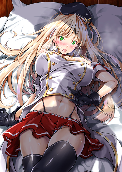 azur_lane bangs bed_sheet black_gloves blonde_hair blush breasts buttons commentary_request fiji_(azur_lane) garter_straps gloves green_eyes kimura_neito large_breasts long_hair looking_at_viewer lying miniskirt navel on_back on_bed open_mouth parted_bangs pillow pleated_skirt red_skirt skirt solo stomach strapless sweat thighhighs you_gonna_get_raped