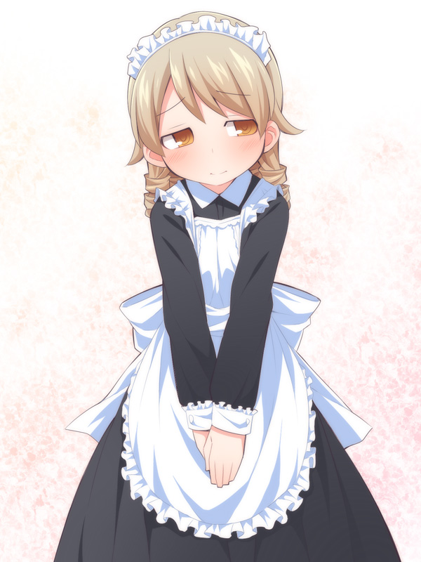 @_@ apron bangs black_dress blush brown_eyes closed_mouth commentary_request dress eyebrows_visible_through_hair frilled_apron frills idolmaster idolmaster_cinderella_girls light_brown_hair long_hair long_sleeves looking_away looking_to_the_side maid maid_apron maid_headdress morikubo_nono ringlets solo ushi v_arms white_apron