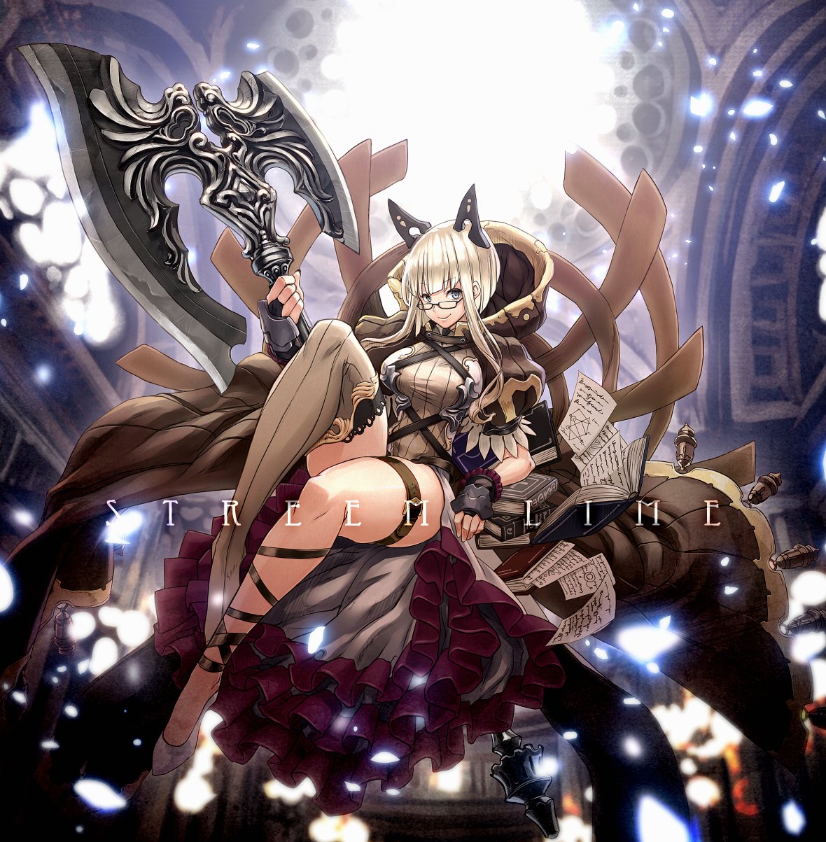 axe backlighting battle_axe black-framed_eyewear black_gloves blonde_hair blue_eyes blurry blurry_background brown_legwear closed_mouth commentary_request dappled_sunlight dress eyebrows_visible_through_hair flats gauntlets glasses gloves headgear highres holding holding_axe huge_weapon ikeda_(hayato) indoors leaning_to_the_side legs light_particles long_dress original short_sleeves single_thighhigh smile solo standing sunlight thigh_strap thighhighs throne weapon white_dress white_footwear