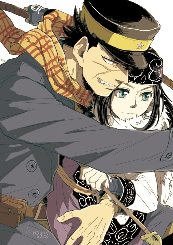 1girl ainu ainu_clothes arrow artist_name asirpa bag belt black_hair blue_eyes clenched_teeth coat facial_scar fingerless_gloves gloves golden_kamuy hat headband nyarulake orange_eyes satchel scar scarf short_hair signature simple_background spiked_hair sugimoto_saichi teeth white_background