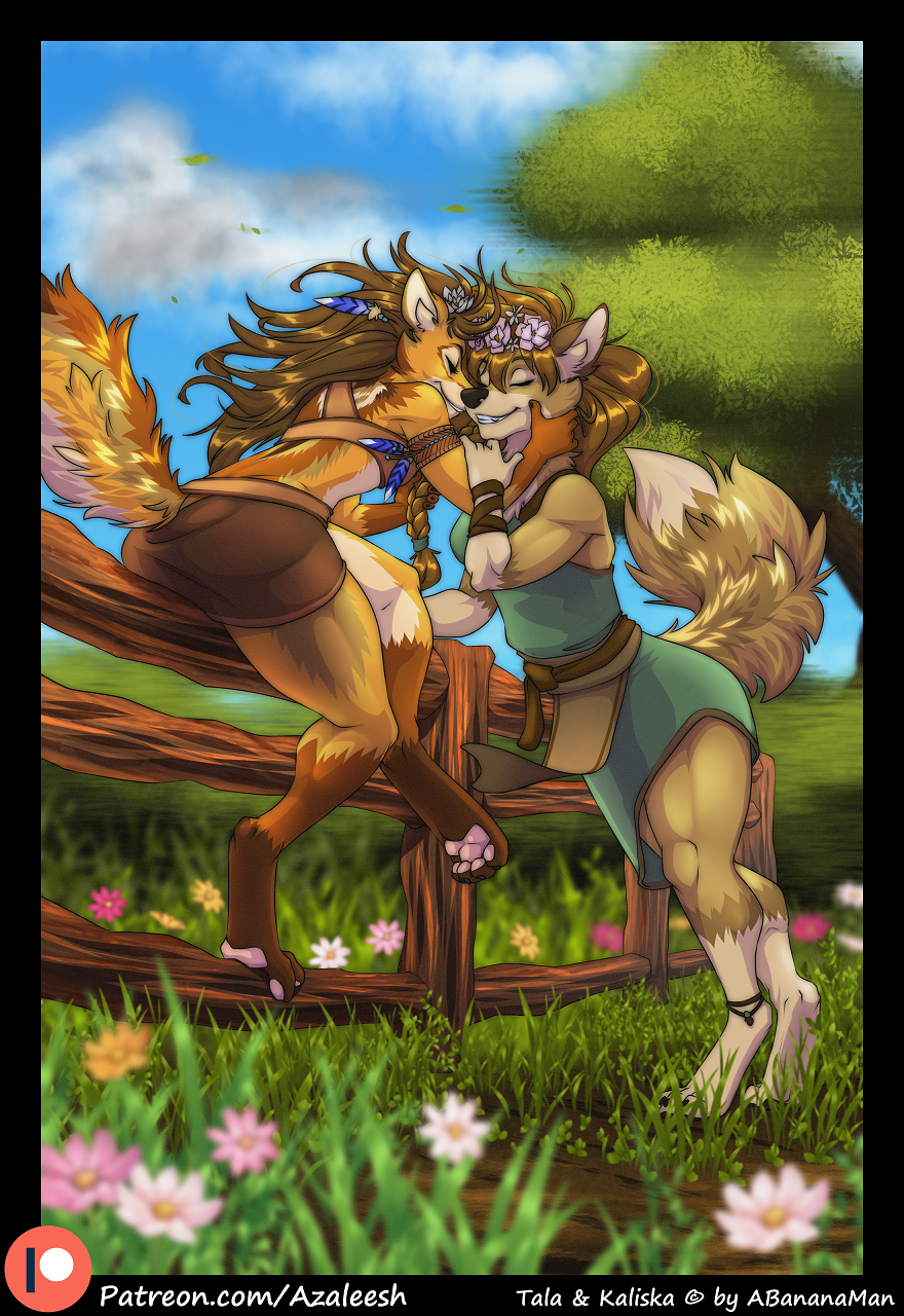 anklet anthro armband azaleesh brown_hair canine claws clothing coyote dipstick_tail dress duo eyes_closed feather_in_hair feathers female female/female flower gloves_(marking) hair hi_res jewelry kaliska long_hair mammal markings multicolored_tail outside pawpads plant sitting skirt smile socks_(marking) standing summer tala toe_claws wolf