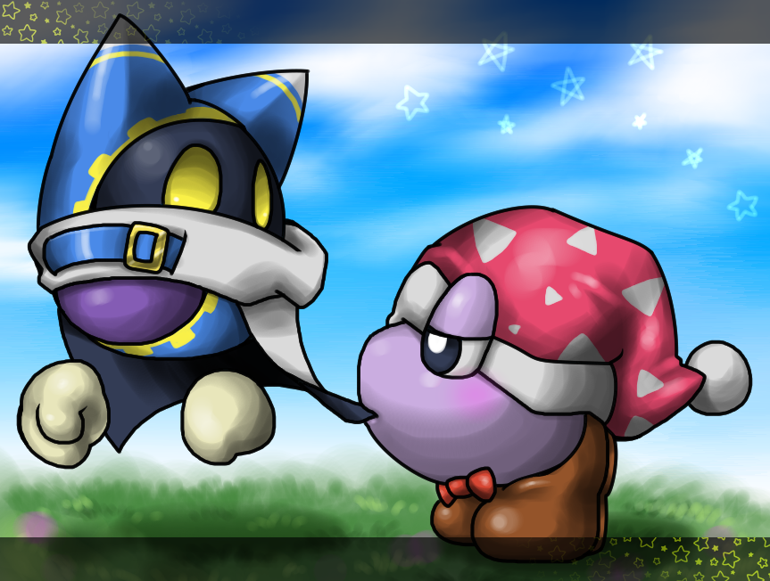 2013 ambiguous_gender blush box_xod clothed clothing duo grass kirby_(series) looking_back magolor marx nintendo not_furry outside star text translation_request video_games waddling_head