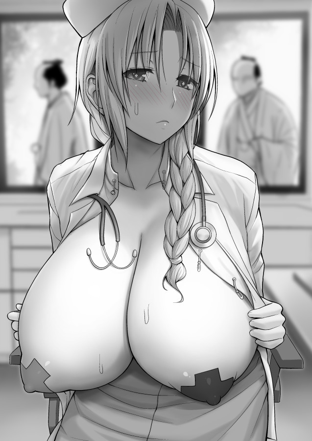 blurry blurry_background blush braid breasts cleavage coat collarbone commentary_request depth_of_field diisuke eyebrows_visible_through_hair greyscale hat huge_breasts labcoat long_hair looking_at_viewer monochrome nurse nurse_cap open_clothes open_coat pasties stethoscope sweatdrop symbol-shaped_pupils touhou yagokoro_eirin
