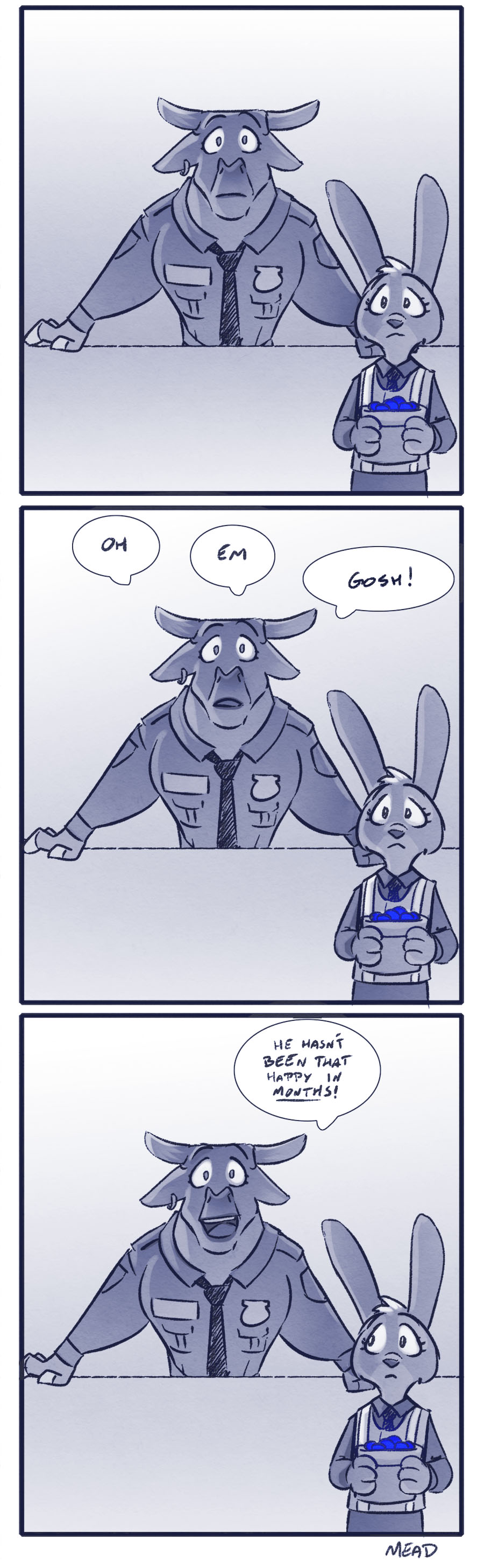 2016 anthro blueberry_(fruit) bovine clothed clothing comic dialogue disney duo ear_piercing english_text female food fruit hi_res july_hopps_(mistermead) katherine_clawhauser_(mistermead) lagomorph mammal mistermead piercing police_uniform rabbit simple_background speech_bubble text uniform zootopia