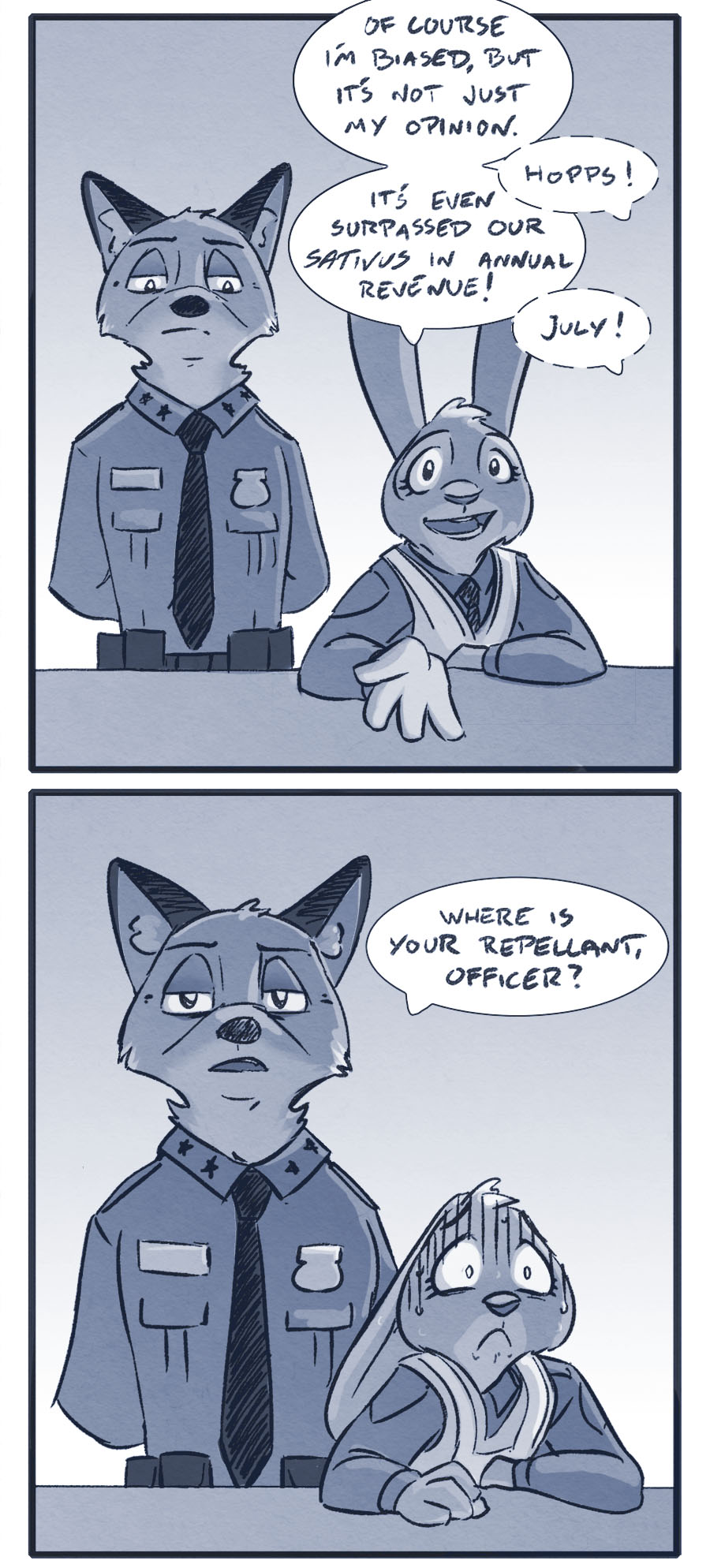 2016 anthro canine clothed clothing comic dialogue disney duo english_text female fox hi_res july_hopps_(mistermead) lagomorph male mammal mistermead monochrome nick_wilde police_uniform rabbit scare_lines scared simple_background speech_bubble text uniform zootopia