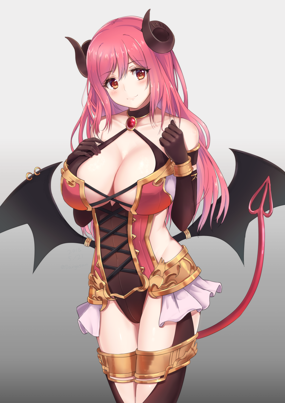 bat_wings black_gloves blush breasts brooch cleavage collarbone criss-cross_halter dargo demon_girl demon_horns demon_tail elbow_gloves gloves gradient gradient_background halterneck hasekura_io highres horns jewelry large_breasts long_hair low_wings pink_hair princess_connect!_re:dive red_eyes simple_background smile solo standing tail wing_piercing wings